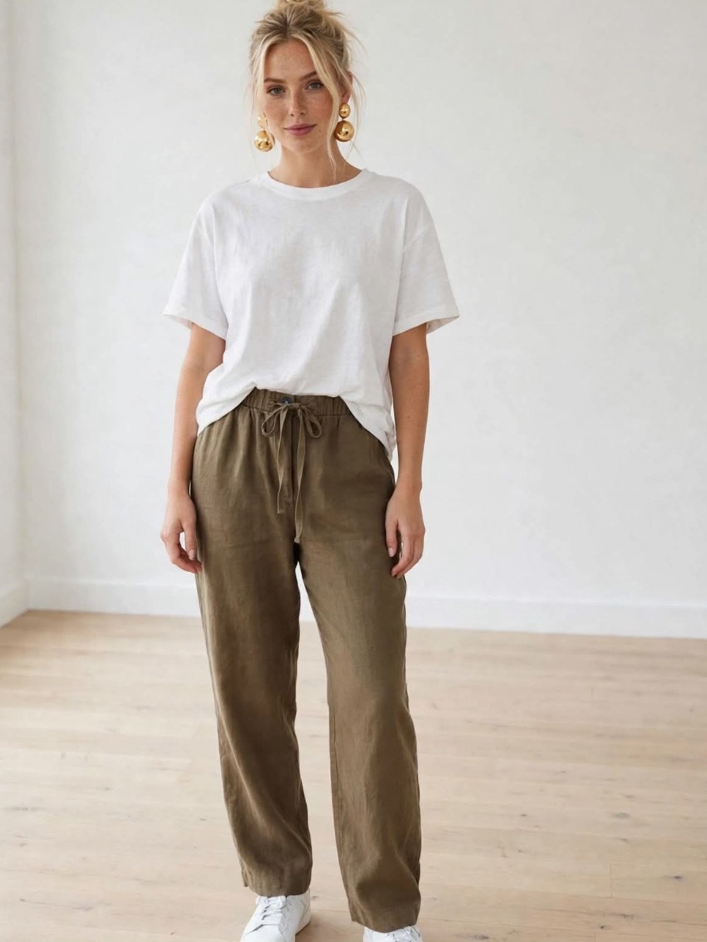Zara Linen-Blend Wide Leg Drawstring Pants in Camel/Tan